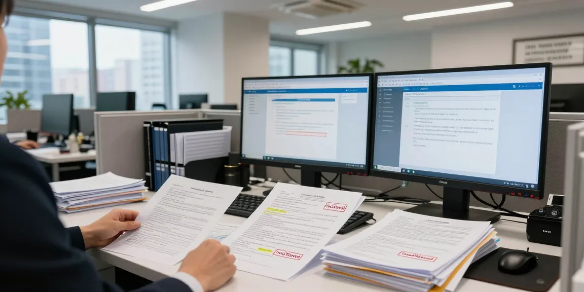 Compliance officer using document fraud detection tools in modern office, ensuring integrity.