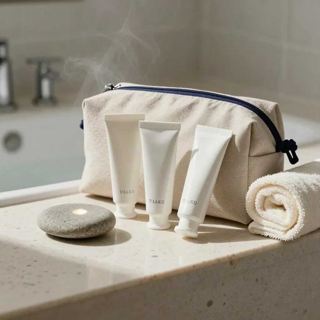 Three hand cream tubes in a linen washbag beside a stone dish, towel, and bathroom mist.