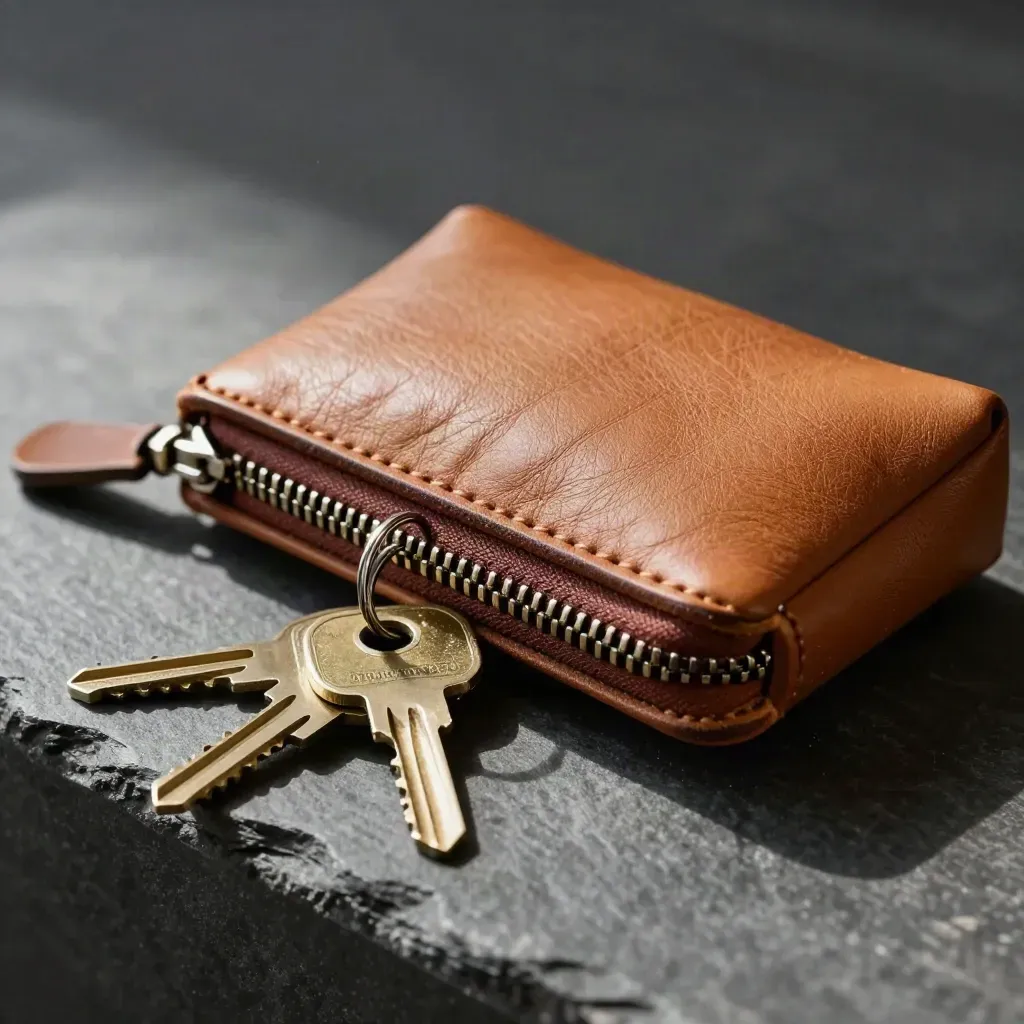 Macro leather key pouch with keys on slate stone, warm raking light and dust motes.