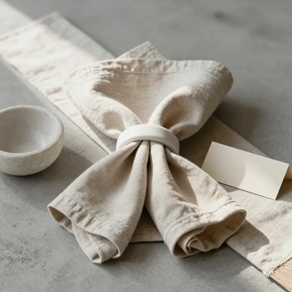 Four linen napkins tied with a ceramic ring on a concrete surface, top fold lifted by light