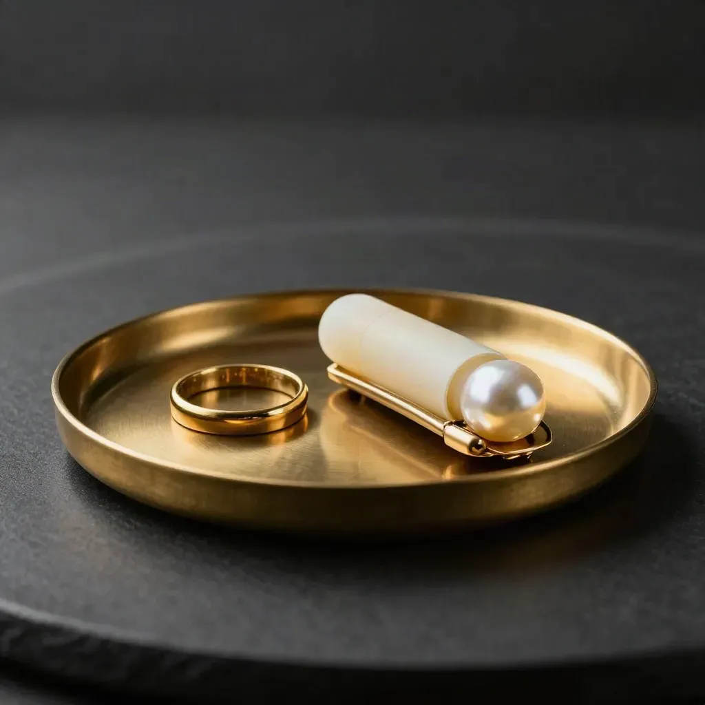 Brass vanity tray with ring, lip balm and pearl hair clip on a dark surface